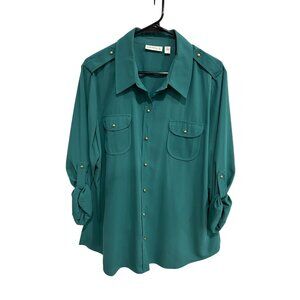 Susan Graver Roll Sleeve Button Front Shirt Teal Sz XL Career Business Casual